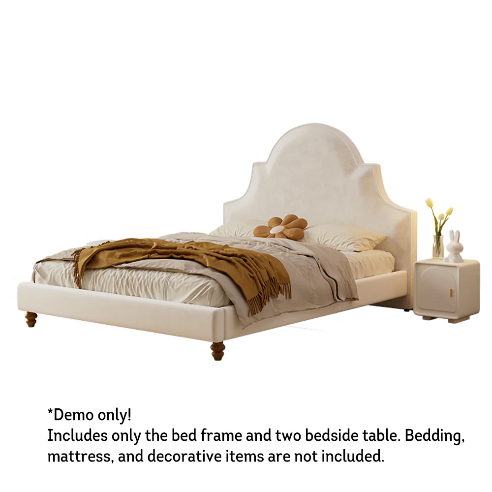 LIVARA SM1045 150/180cm Length Baby Velvet Fabric Bed With Two Bedside Tables Solid Wood Frame - Beige - Image 6