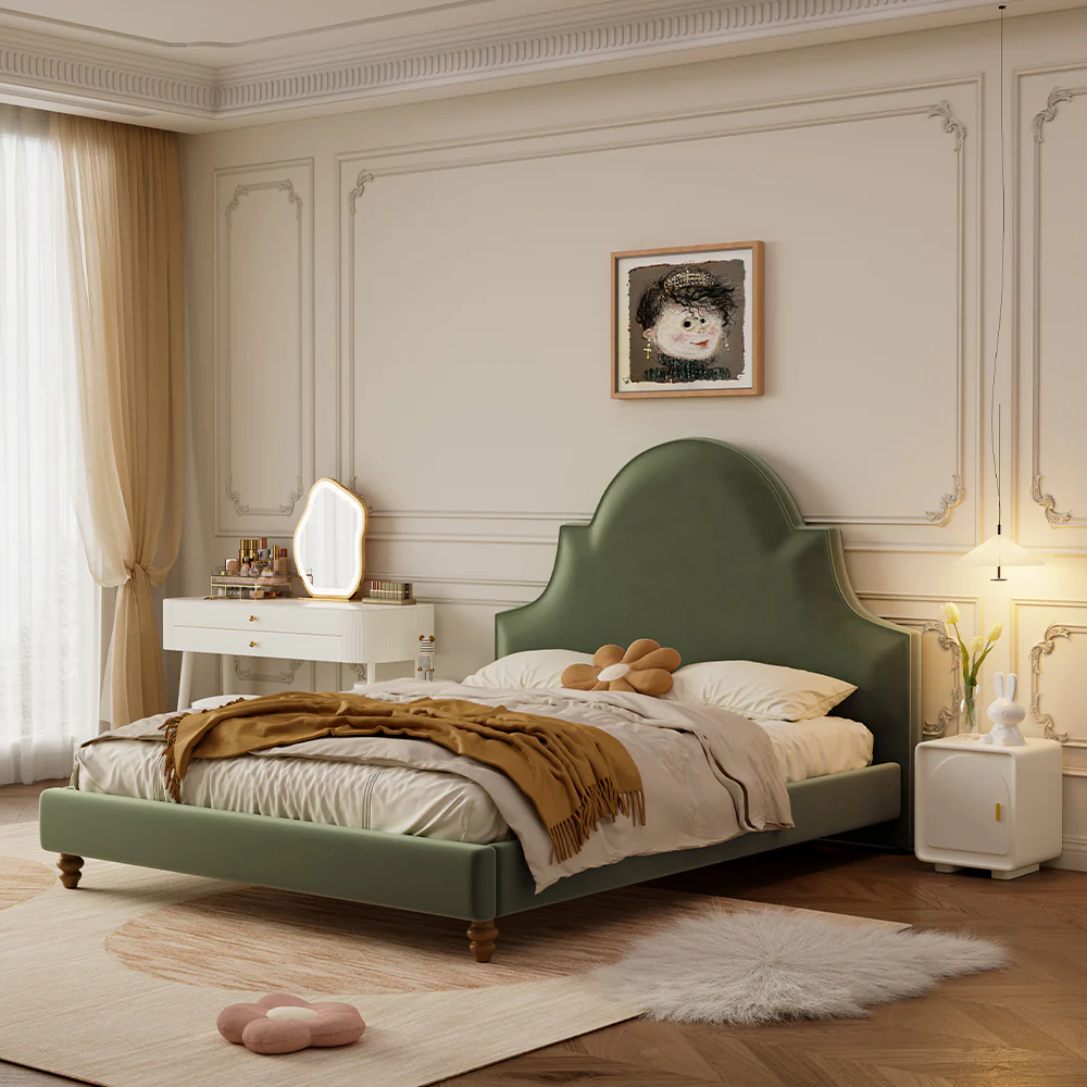 LIVARA SM1045 150/180cm Length Baby Velvet Fabric Bed Solid Wood Frame - Green - Image 2