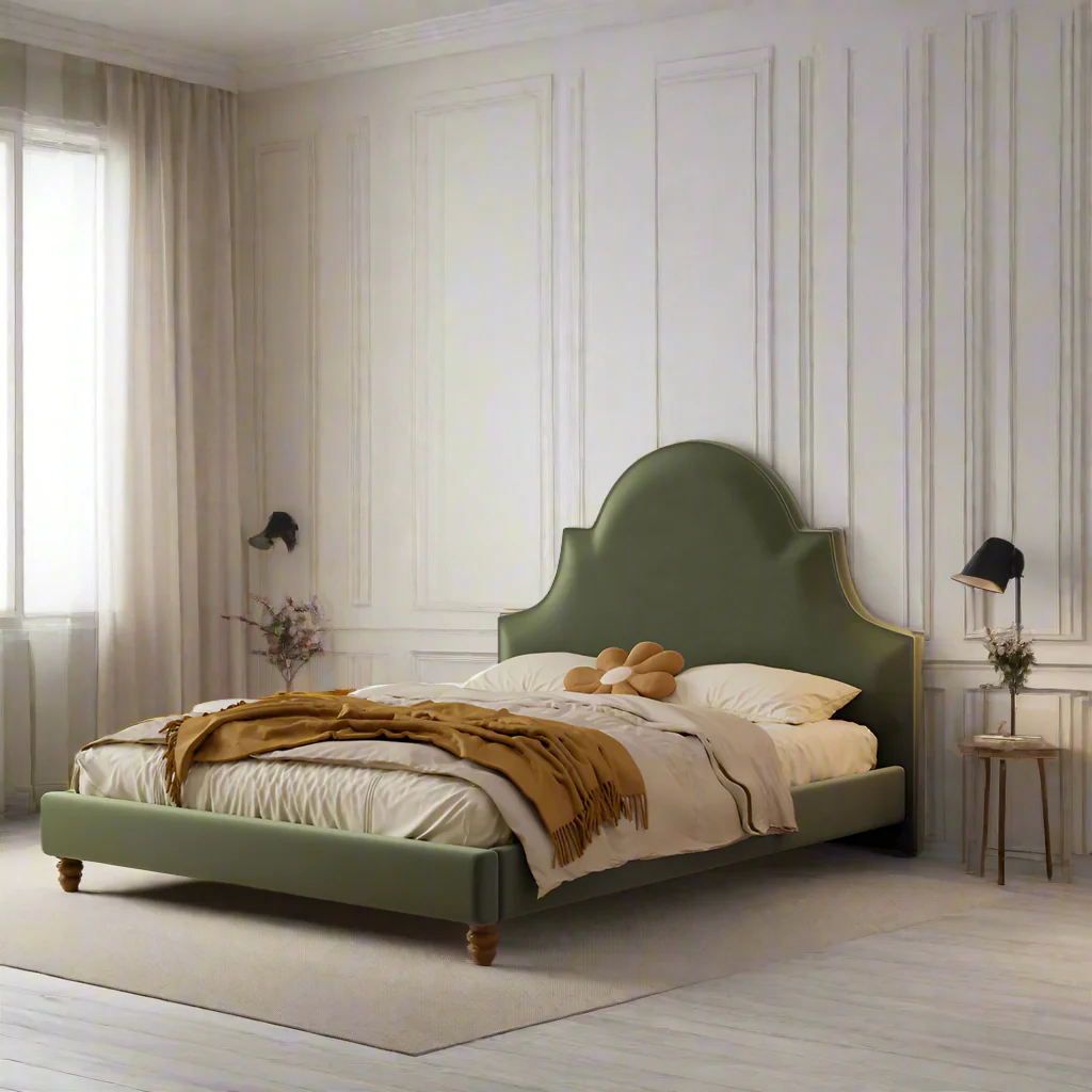 LIVARA SM1045 150/180cm Length Baby Velvet Fabric Bed Solid Wood Frame - Green - Image 3