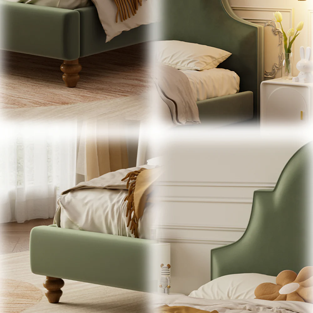 LIVARA SM1045 150/180cm Length Baby Velvet Fabric Bed Solid Wood Frame - Green - Image 4