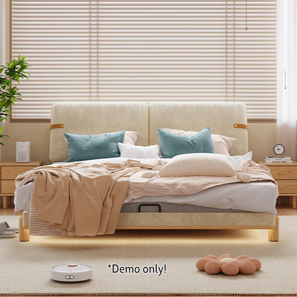 LIVARA SM1053 150/180cm Length Baby Velvet Fabric Bed With Two Bedside Tables - Beige&Oak - Image 3