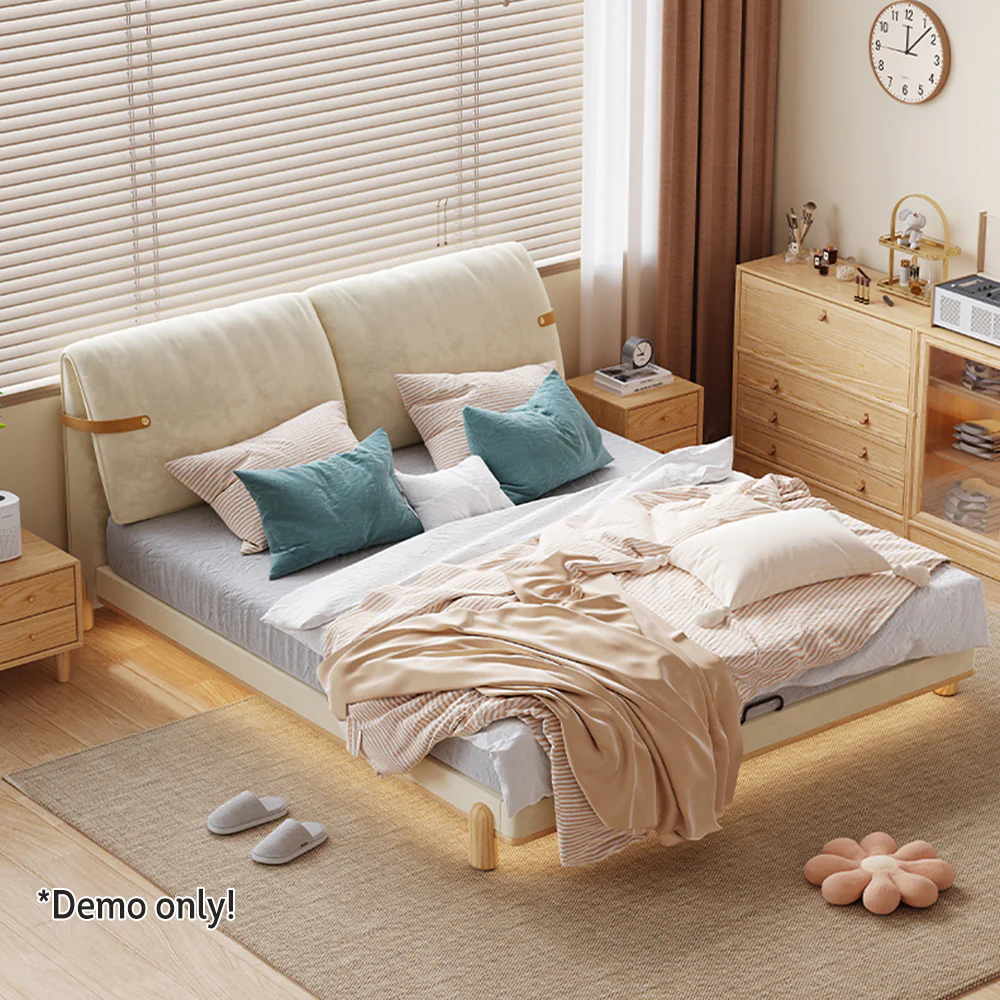 LIVARA SM1053 150/180cm Length Baby Velvet Fabric Bed With Two Bedside Tables - Beige&Oak - Image 4