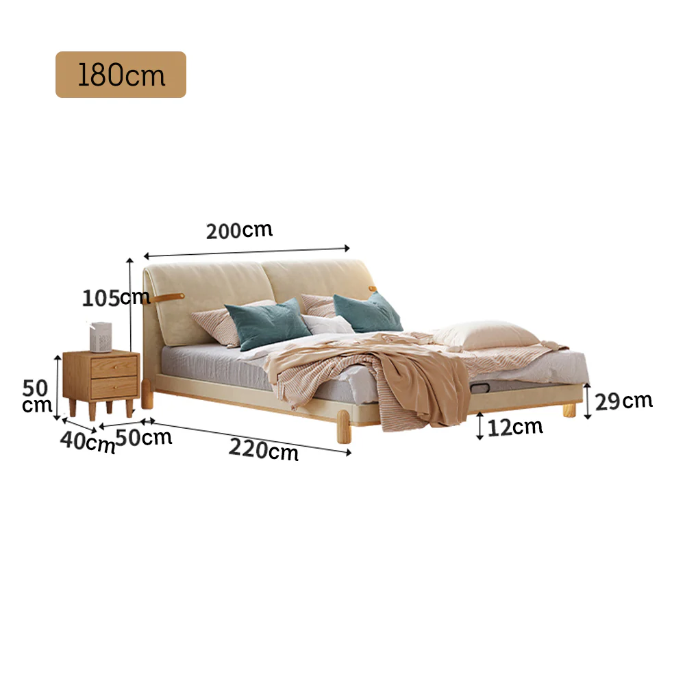 LIVARA SM1053 150/180cm Length Baby Velvet Fabric Bed With Two Bedside Tables - Beige&Oak - Image 9