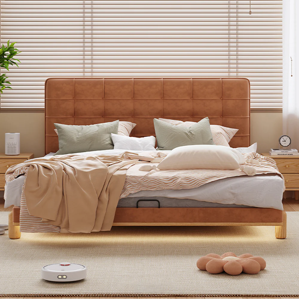 LIVARA SM1055 150/180cm Length Baby Velvet Fabric Bed With Two Bedside Tables - Brown - Image 2