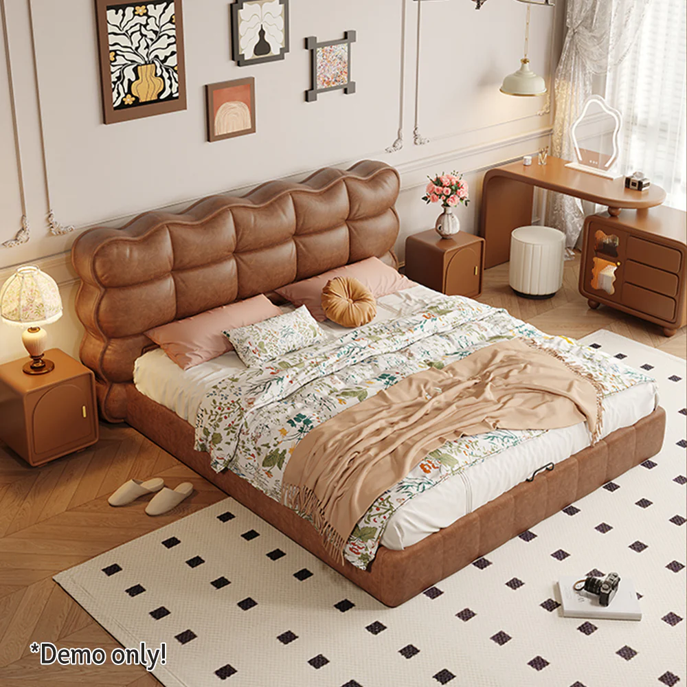 LIVARA Model-1060 150cm/180cm Waxed Leather Fabric Bed Solid Wood Frame - Image 2