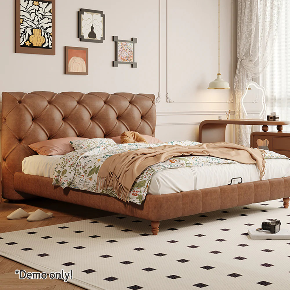 LIVARA Model-1061 150cm/180cm Waxed Leather Fabric Bed Solid Wood Frame - Image 3