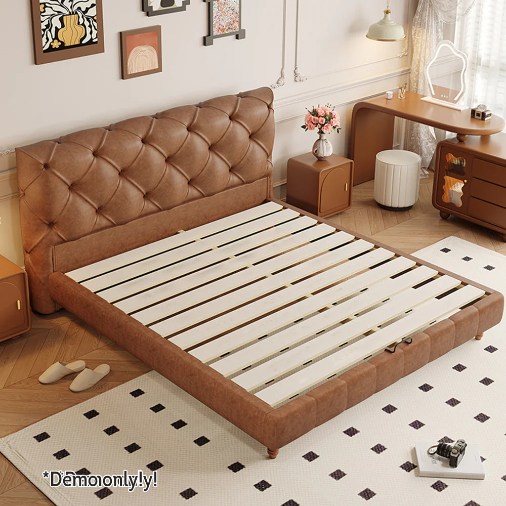 LIVARA Model-1061 150cm/180cm Waxed Leather Fabric Bed Solid Wood Frame - Image 4