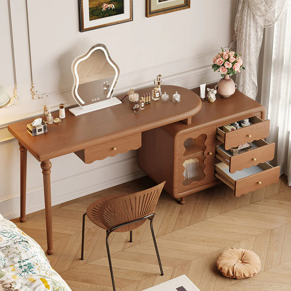 LIVARA 1081# Expandable Multi-Functional Solid Wood 100-120cm Dressing Table With LED Mirror - Walnut - Image 2