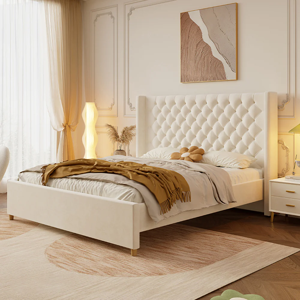 LIVARA SM1907 150/180cm Velvet Fabric Bed With Two Bedside Tables - Beige - Image 2