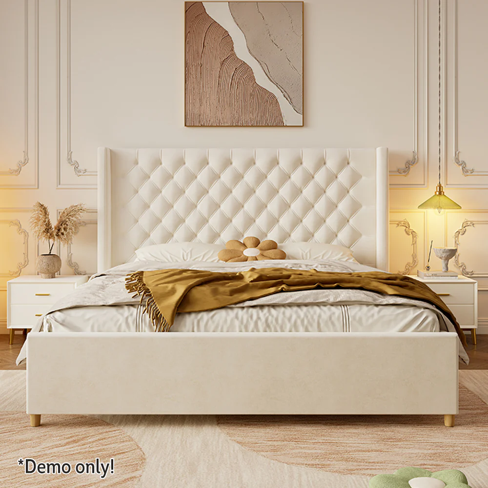 LIVARA SM1907 150/180cm Velvet Fabric Bed With Two Bedside Tables - Beige - Image 3