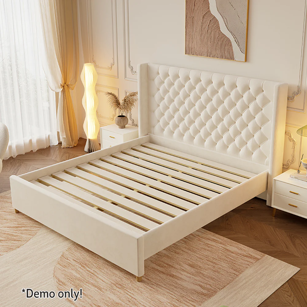 LIVARA SM1907 150/180cm Velvet Fabric Bed With Two Bedside Tables - Beige - Image 4