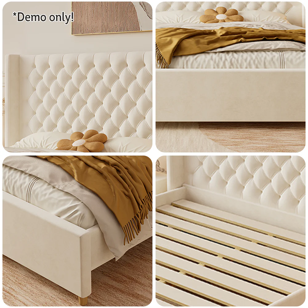 LIVARA SM1907 150/180cm Velvet Fabric Bed With Two Bedside Tables - Beige - Image 6