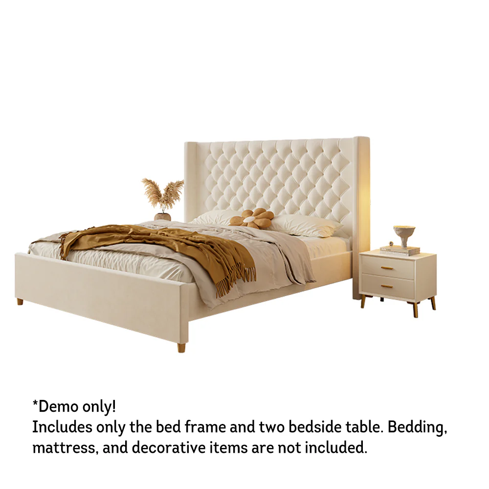 LIVARA SM1907 150/180cm Velvet Fabric Bed With Two Bedside Tables - Beige - Image 7