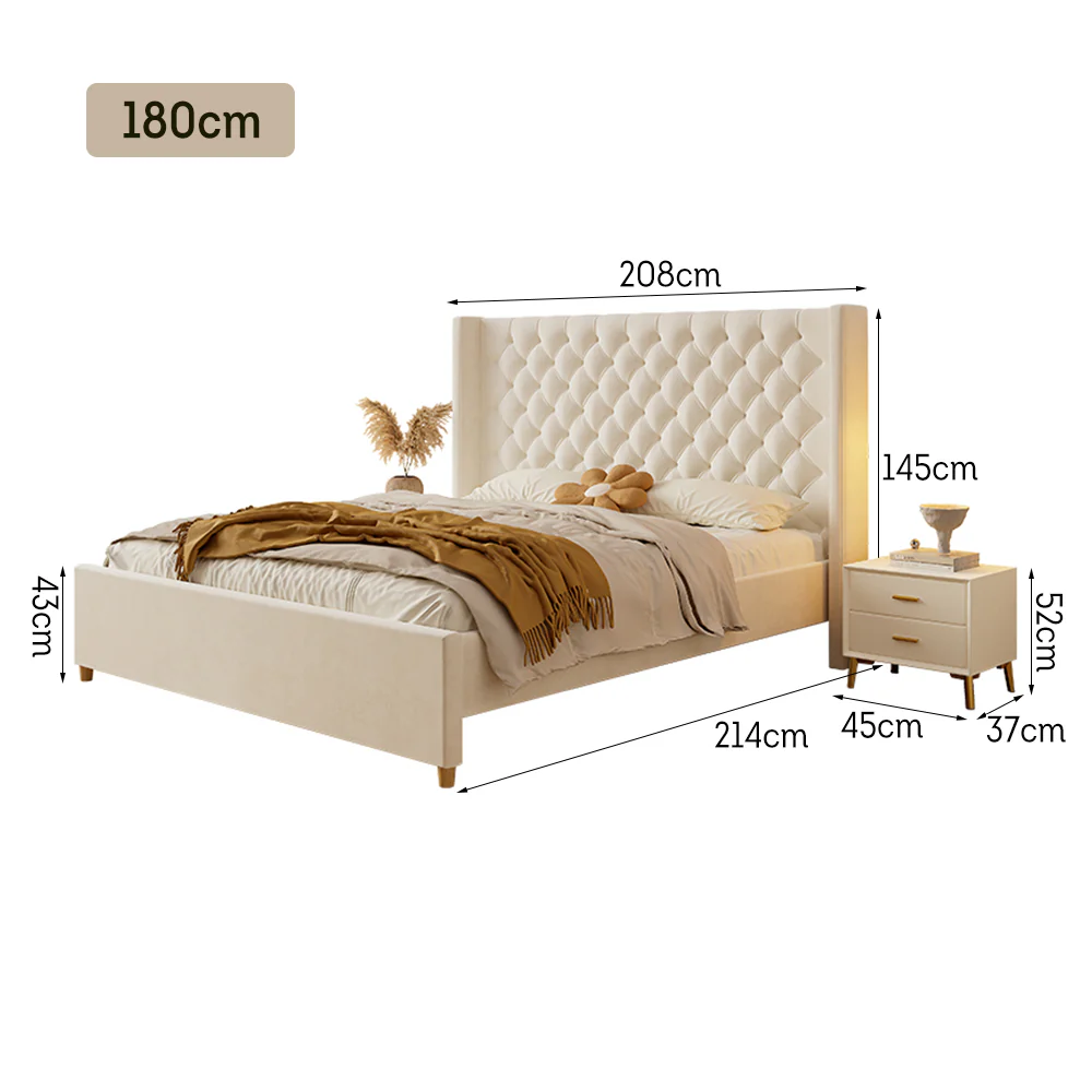 LIVARA SM1907 150/180cm Velvet Fabric Bed With Two Bedside Tables - Beige - Image 9