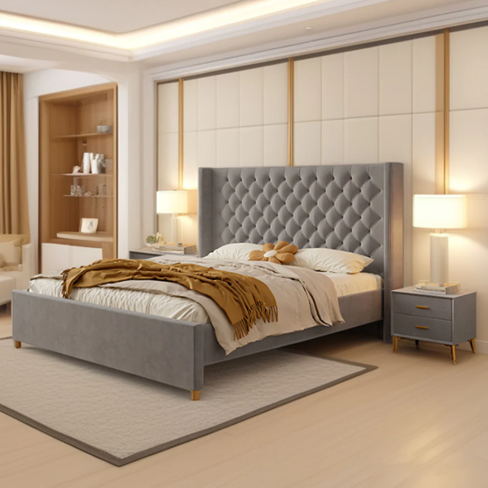 LIVARA SM1907 150/180cm Velvet Fabric Bed With Two Bedside Tables - Grey - Image 2