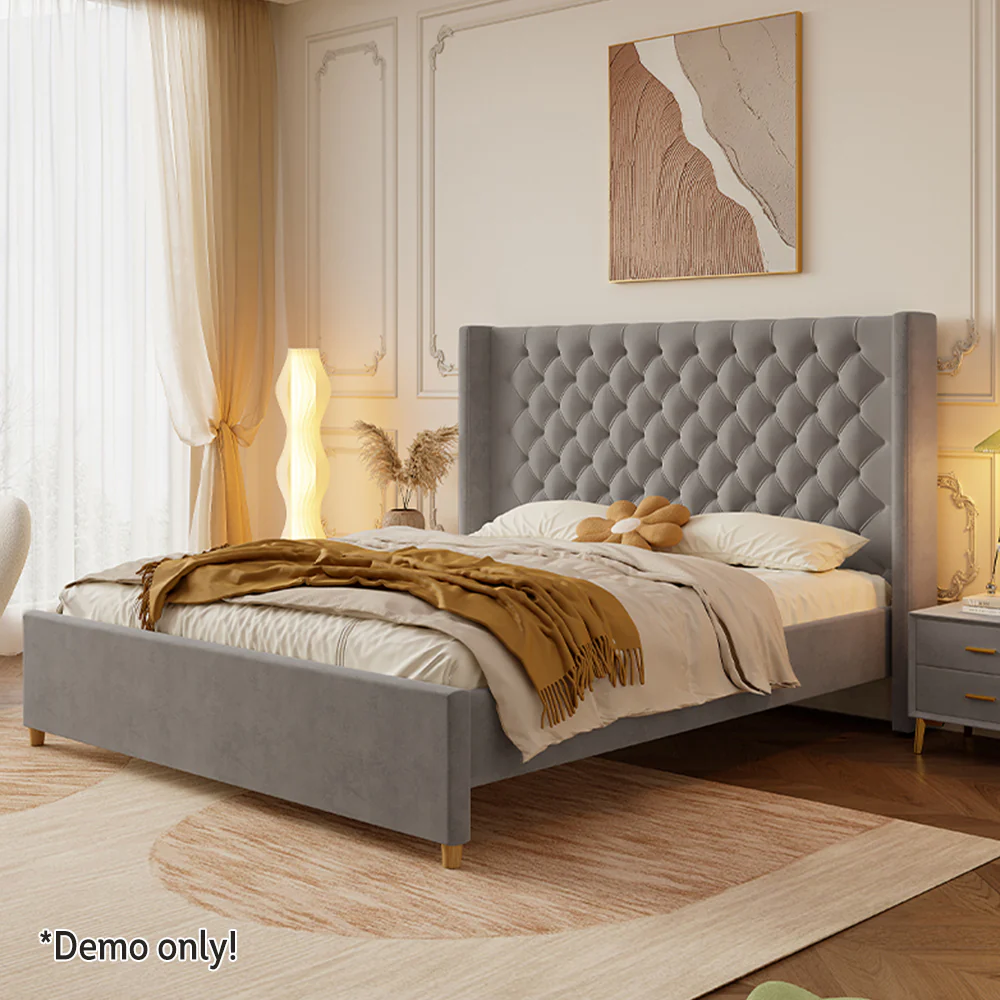 LIVARA SM1907 150/180cm Velvet Fabric Bed With Two Bedside Tables - Grey - Image 3