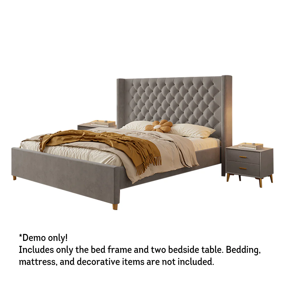 LIVARA SM1907 150/180cm Velvet Fabric Bed With Two Bedside Tables - Grey - Image 4