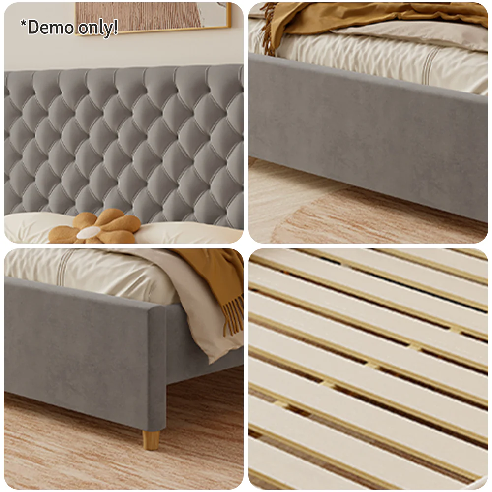 LIVARA SM1907 150/180cm Velvet Fabric Bed With Two Bedside Tables - Grey - Image 5