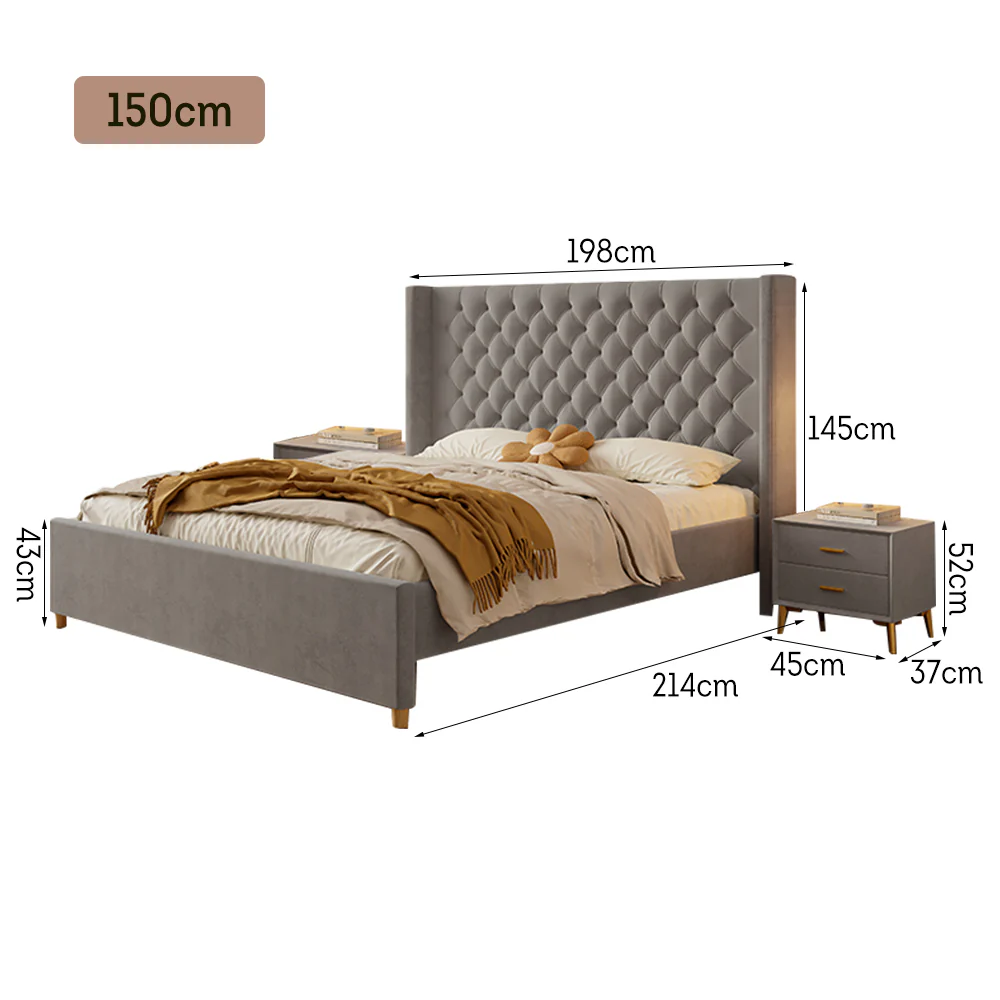 LIVARA SM1907 150/180cm Velvet Fabric Bed With Two Bedside Tables - Grey - Image 6