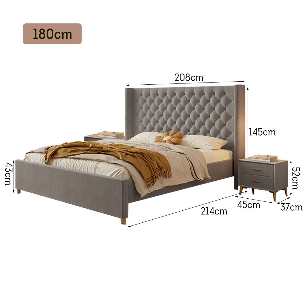 LIVARA SM1907 150/180cm Velvet Fabric Bed With Two Bedside Tables - Grey - Image 7