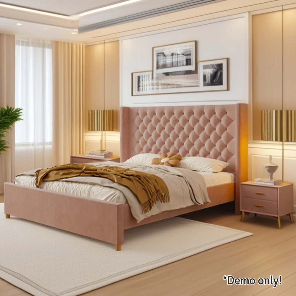 LIVARA SM1907 150/180cm Velvet Fabric Bed With Two Bedside Tables - Pink - Image 3