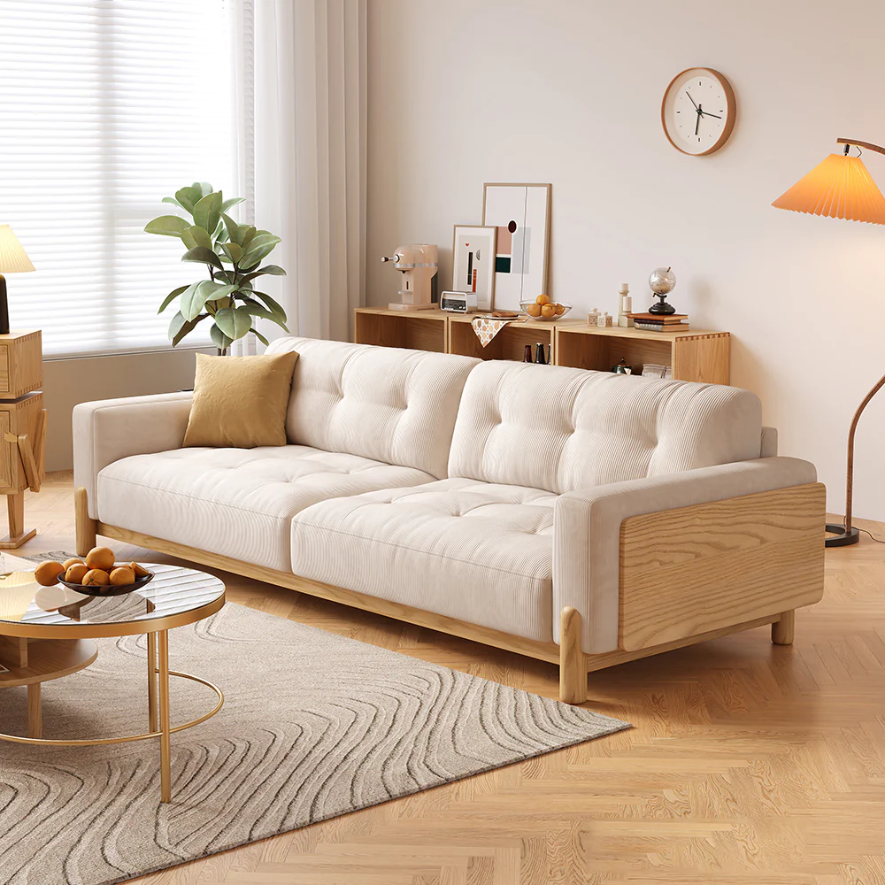 LIVARA SM811 180/210/240/280cm Length Corduroy Fabric Sofa Solid Wood Frame - Beige - Image 2