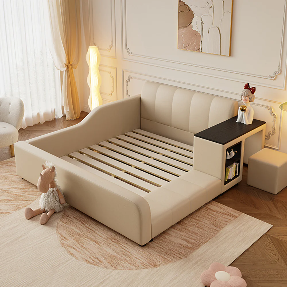 LIVARA SM901 120/135/150/180cm Lengrh Eco-friendly Leather Bed With Bookshelf - Beige - Image 2