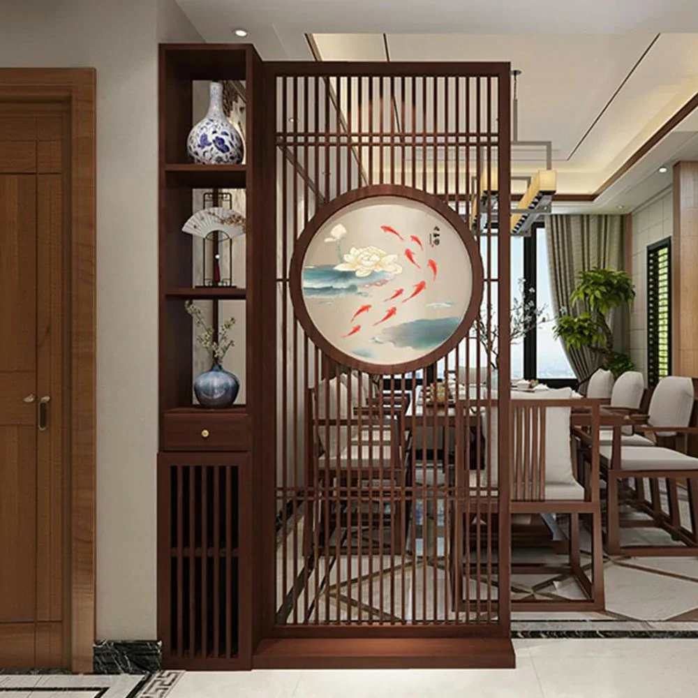 LIVARA Asian Style Walnut Wood Room Divider, Hollow Slatted Design with Koi Fish Motif, Elegant Home Decor - Image 2