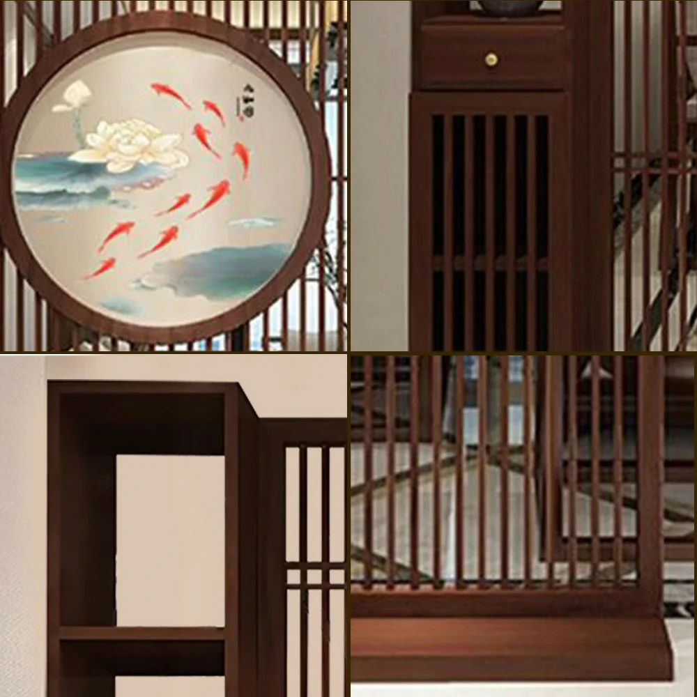LIVARA Asian Style Walnut Wood Room Divider, Hollow Slatted Design with Koi Fish Motif, Elegant Home Decor - Image 3