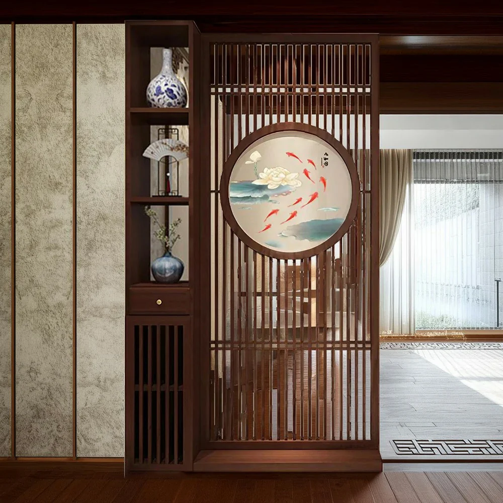 LIVARA Asian Style Walnut Wood Room Divider, Hollow Slatted Design with Koi Fish Motif, Elegant Home Decor - Image 4