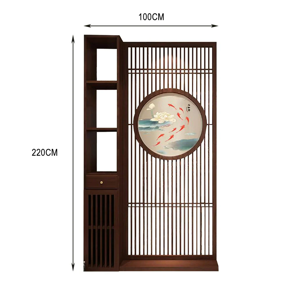 LIVARA Asian Style Walnut Wood Room Divider, Hollow Slatted Design with Koi Fish Motif, Elegant Home Decor - Image 5