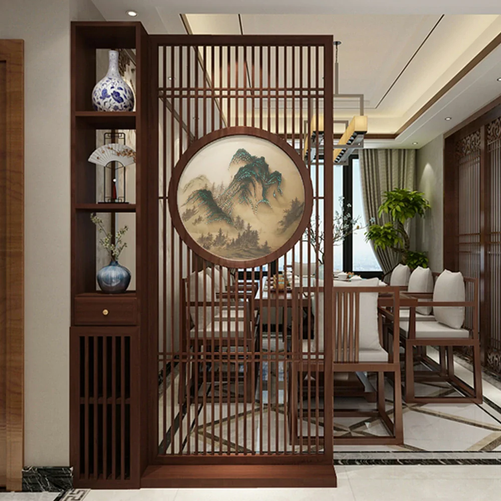 LIVARA Asian Style Walnut Wood Room Divider, Mountain Scenery Design, Elegant Privacy Screen for Home Decor - Image 2