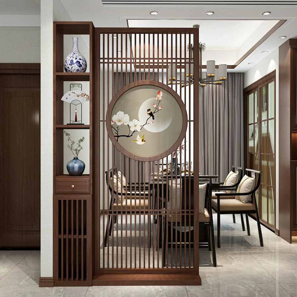 LIVARA Asian Style Walnut Wood Room Divider, Floral & Bird Motif, Elegant Privacy Screen for Home Decor - Image 2