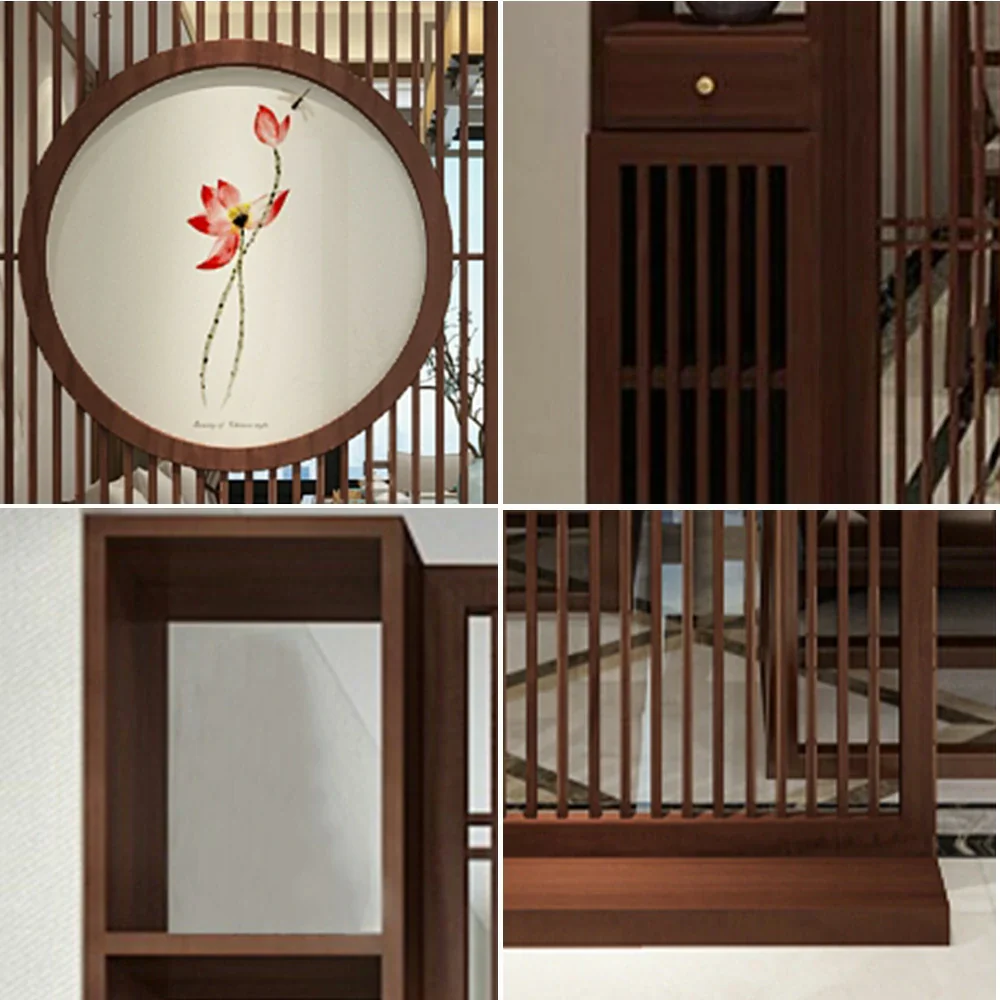 LIVARA Asian Style Walnut Wood Room Divider, Hollow Slatted Design with Lotus Motif, Elegant Home Decor Screen - Image 3