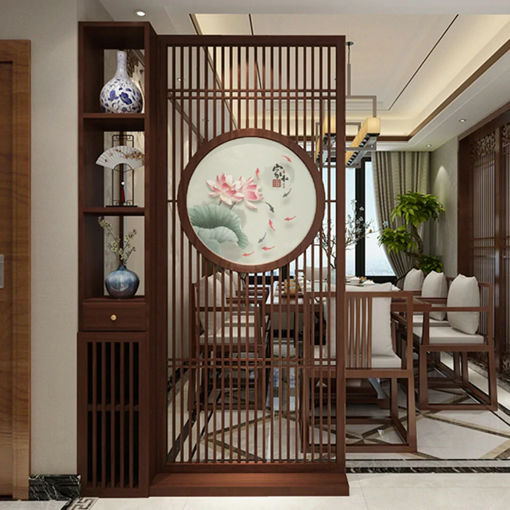 LIVARA Oriental Style Walnut Wood Room Divider, Hollow Slatted Design with Lotus & Koi Motif, Ideal for Entryway or Foyer - Image 2