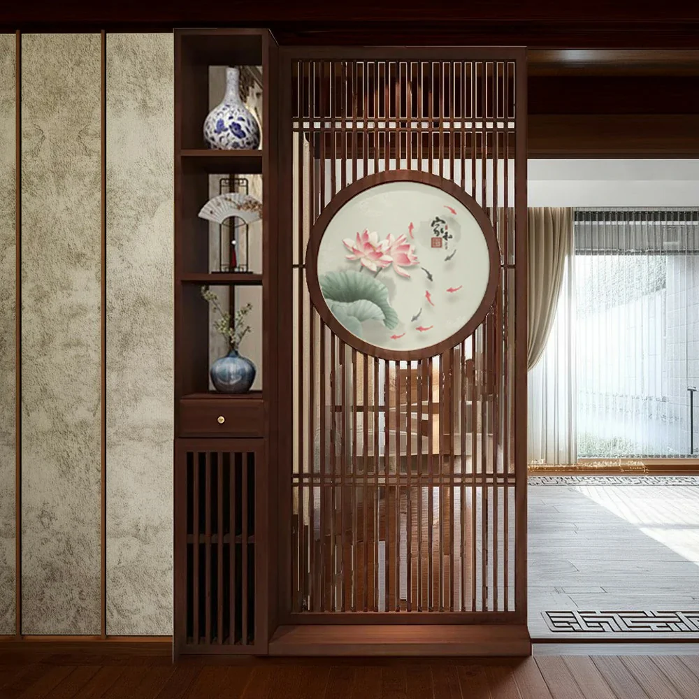 LIVARA Oriental Style Walnut Wood Room Divider, Hollow Slatted Design with Lotus & Koi Motif, Ideal for Entryway or Foyer - Image 3