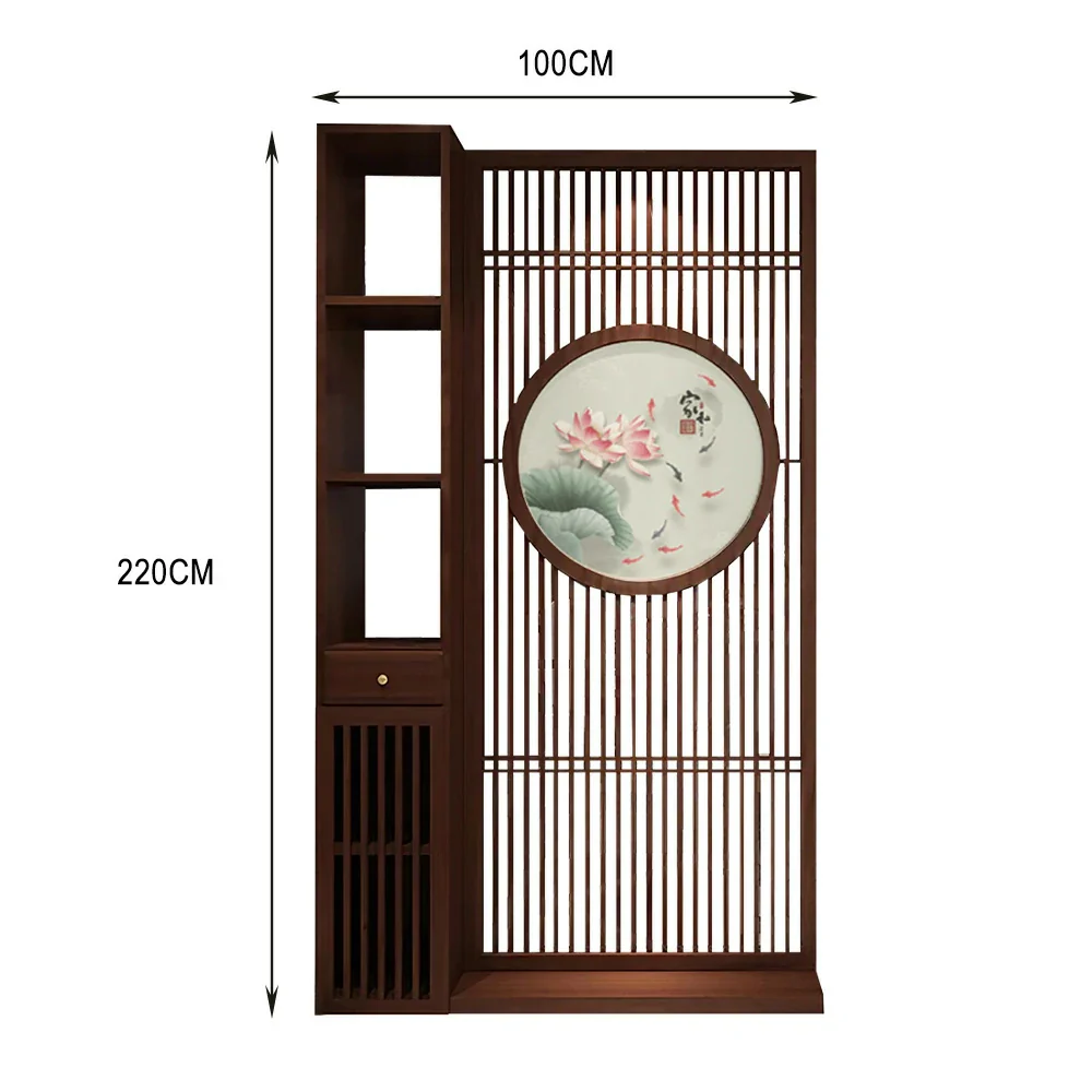LIVARA Oriental Style Walnut Wood Room Divider, Hollow Slatted Design with Lotus & Koi Motif, Ideal for Entryway or Foyer - Image 5