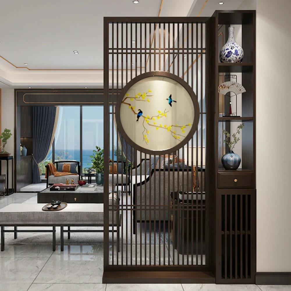 LIVARA Oriental Style Walnut Wood Room Divider, Hollow Slatted Privacy Screen, Perfect for Entryway or Foyer Decoration - Image 2