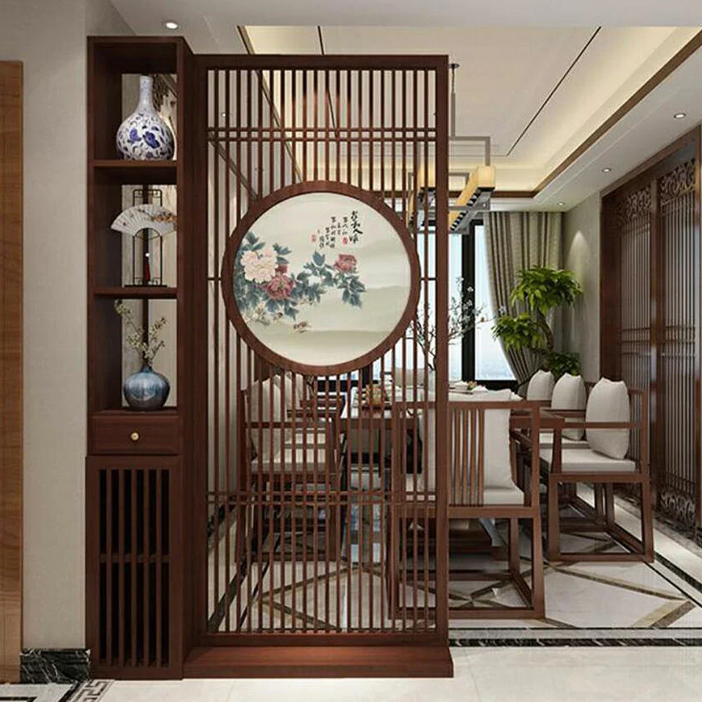 LIVARA Oriental Style Walnut Wood Room Divider, Hollow Slatted Design with Peony Motif, Ideal for Entryway or Foyer Decor - Image 2