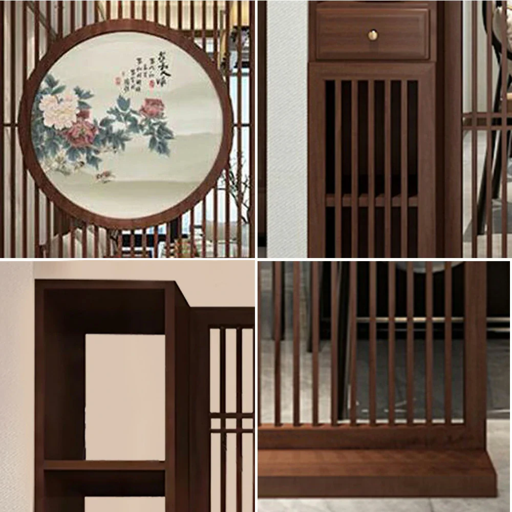 LIVARA Oriental Style Walnut Wood Room Divider, Hollow Slatted Design with Peony Motif, Ideal for Entryway or Foyer Decor - Image 3