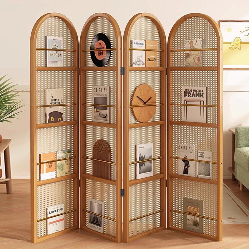 LIVARA Foldable 4-Panel Woven Rattan Bamboo Room Divider with Magazine Rack Arched Design - Image 2
