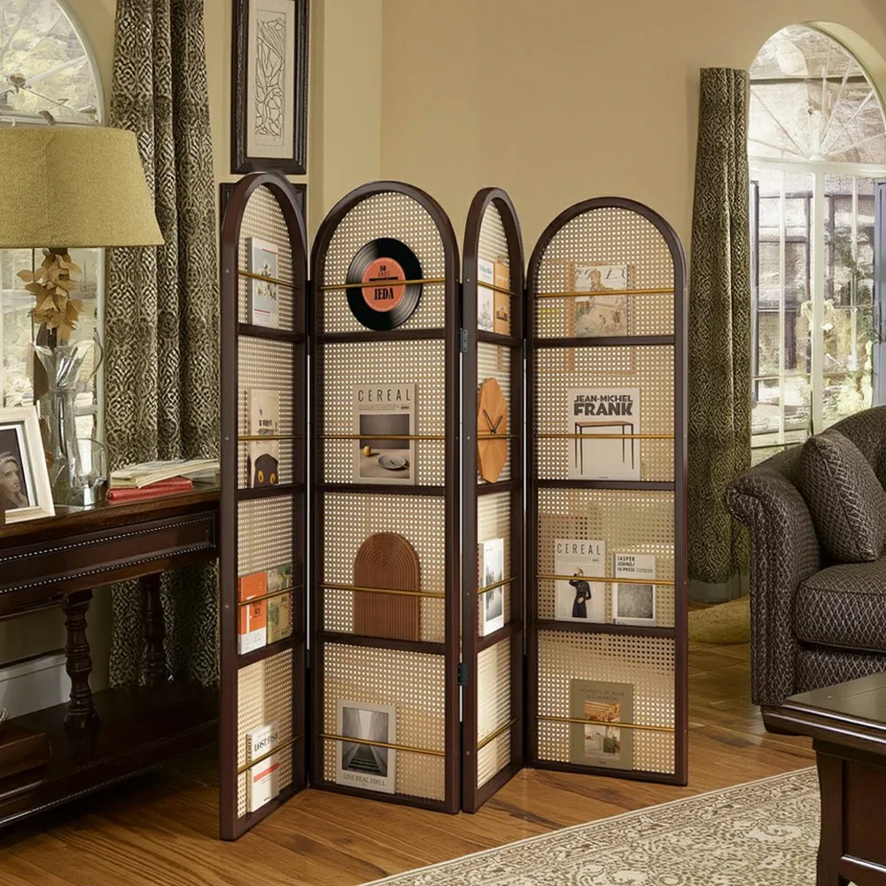 LIVARA Foldable 4-Panel Woven Rattan Bamboo Room Divider with Magazine Rack Arched Design - Image 6