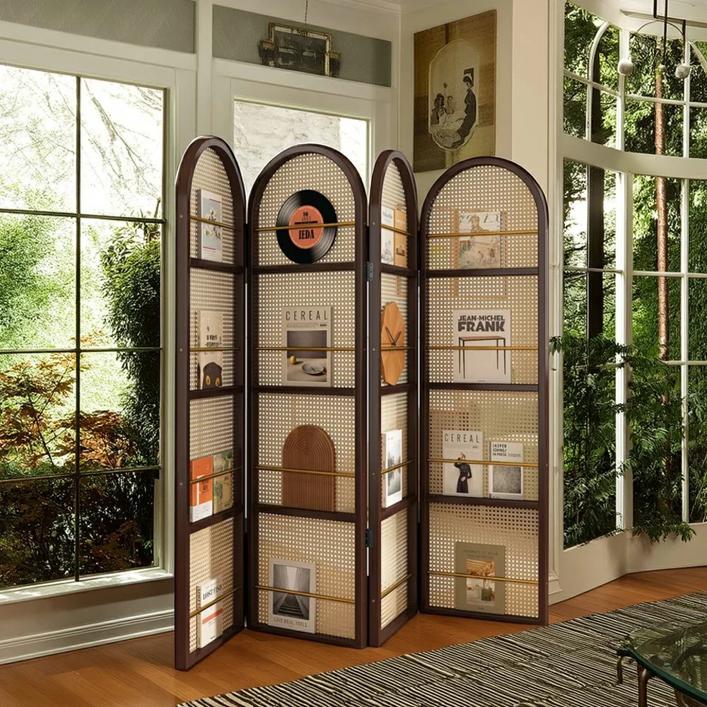 LIVARA Foldable 4-Panel Woven Rattan Bamboo Room Divider with Magazine Rack Arched Design - Image 8