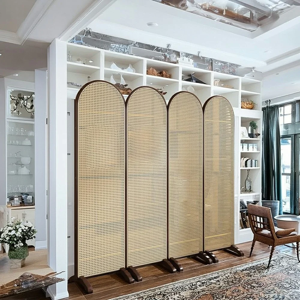 LIVARA 4-Panel Woven Rattan Bamboo Room Divider with Footed Base - Image 6