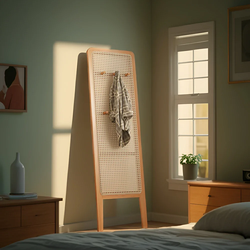 LIVARA Single Panel Freestanding Woven Rattan Bamboo Room Divider with Hooks - Image 4