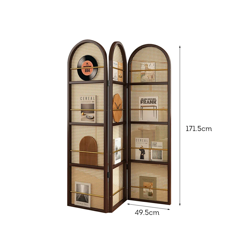 LIVARA Foldable 3-Panel Woven Rattan Bamboo Room Divider with Magazine Rack Arched Design - Image 9