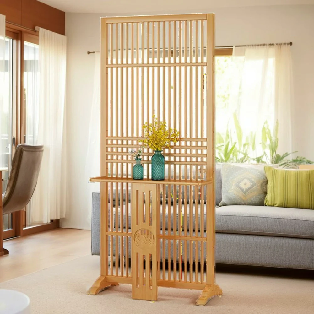 LIVARA Bamboo Screen Partition With Storage Platform 72Cm 144Cm Wood Color/Walnut Color - Image 4