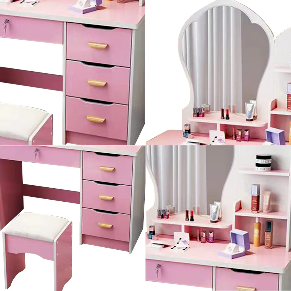 LIVARA 70-80CM Length Princess-Style Large Mirror Dressing Table With Stool - Image 34