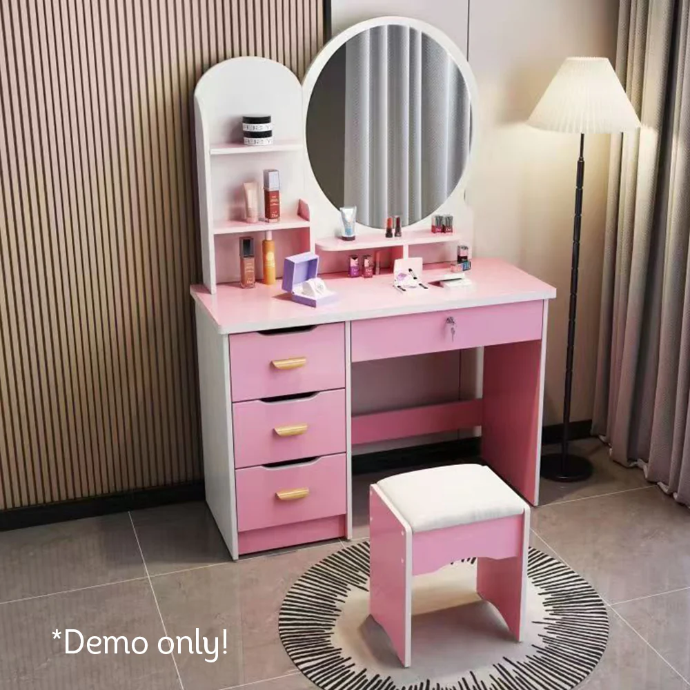 LIVARA 70/80CM Length Round Mirror Dressing Table With Stool - Image 10