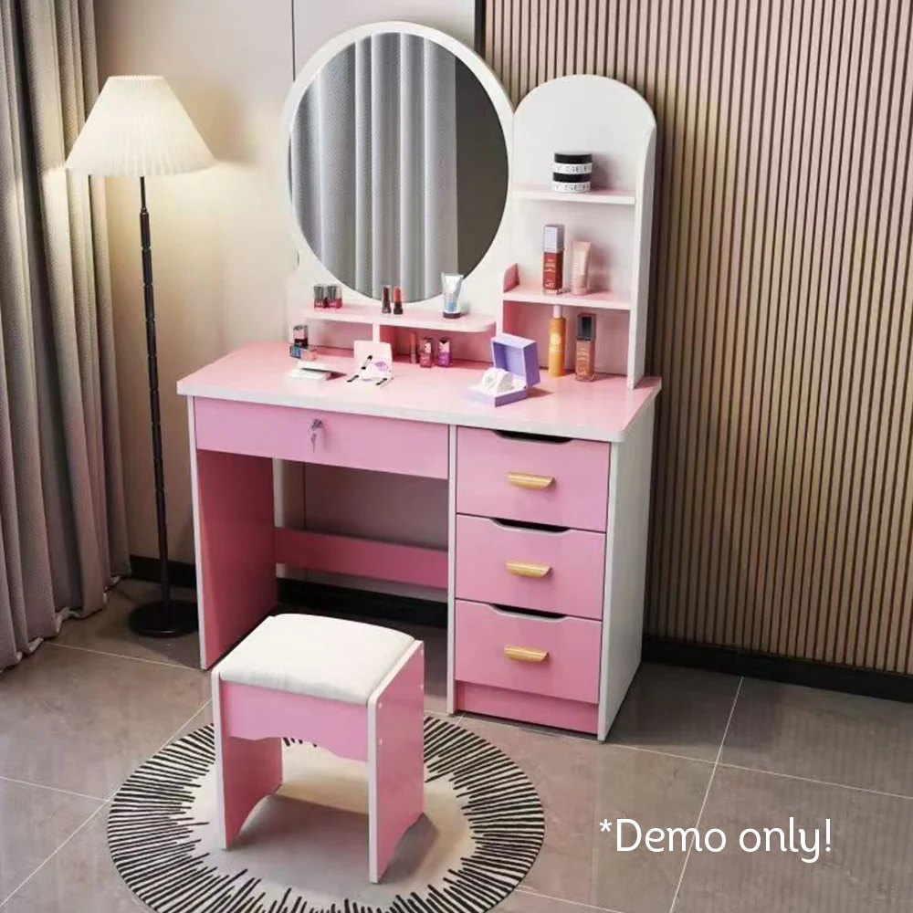 LIVARA 70/80CM Length Round Mirror Dressing Table With Stool - Image 11